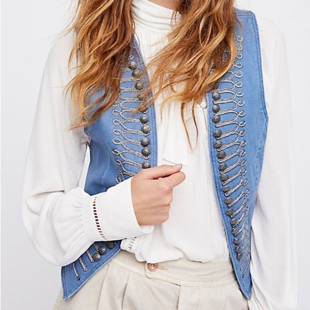 Free People Shrunken Military Vest Jean Denim blue size Medium